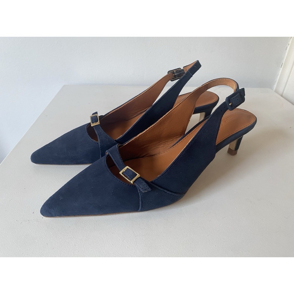 J. McLaughlin Dorothea Suede Slingbacks Kitten Heels Navy Buckle Women's 8.5